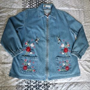 Denim Hummingbird & Floral Embroiderd Jacket